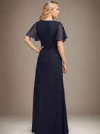Abito da madre della sposa in chiffon asimmetrico a linea ad A, lungo fino al pavimento, con perline plissettate e paillettes