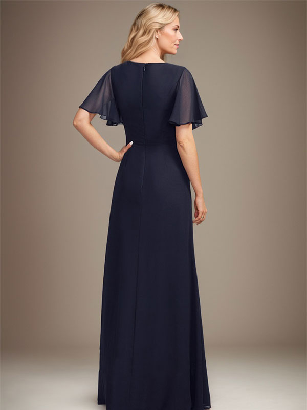 Abito da madre della sposa in chiffon asimmetrico a linea ad A, lungo fino al pavimento, con perline plissettate e paillettes