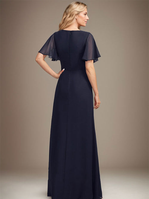 Abito da madre della sposa in chiffon asimmetrico a linea ad A, lungo fino al pavimento, con perline plissettate e paillettes