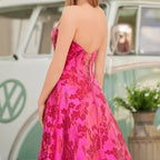 Vestido de Baile Jacquard Floral Sem Alças | Vestido de Baile com Decote Coração e Fenda