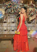 Abito da sera rosso a balze con spalline sottili a linea ad A Y5466