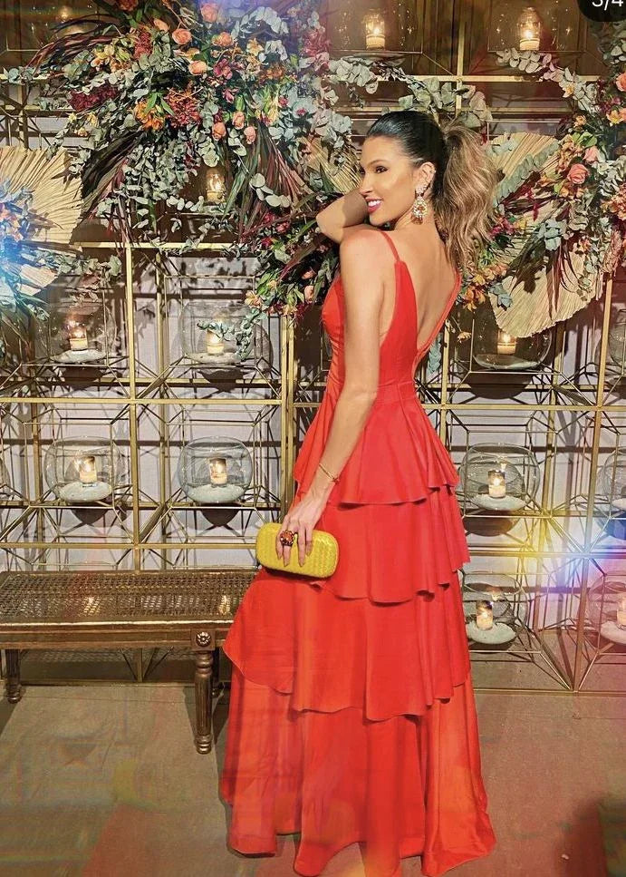 Abito da sera rosso a balze con spalline sottili a linea ad A Y5466