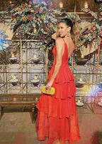 Abito da sera rosso a balze con spalline sottili a linea ad A Y5466