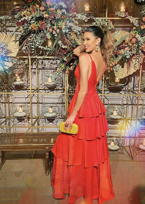 Robe de soirée rouge à volants avec bretelles fines et coupe en A Y5466
