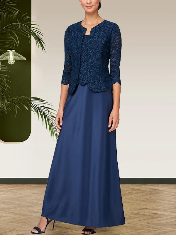 فستان مع جاكيت تنورة من الدانتيل اللامع والساتان مع جاكيت مفتوح