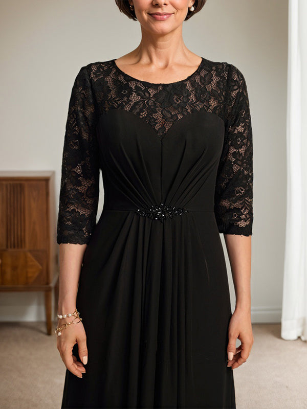 A-Linie U-Ausschnitt Illusion Bodenlang Spitzen Chiffon Mutter der Braut Kleid mit Perlenbesatz Rüschen 