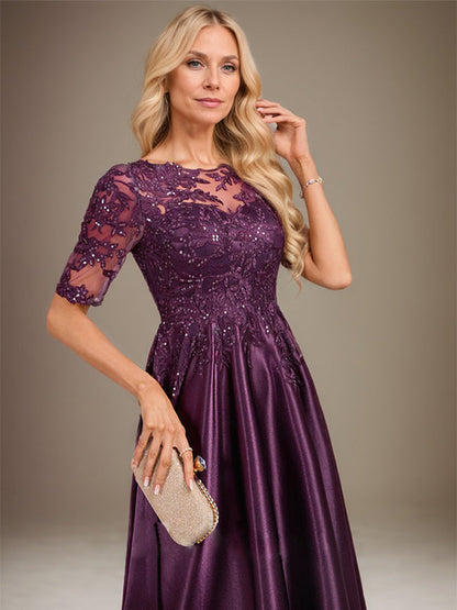 A-Linie, U-Ausschnitt, Illusion, asymmetrisch, Stretch-Satin, Spitze, Kleid für die Brautmutter mit Pailletten 