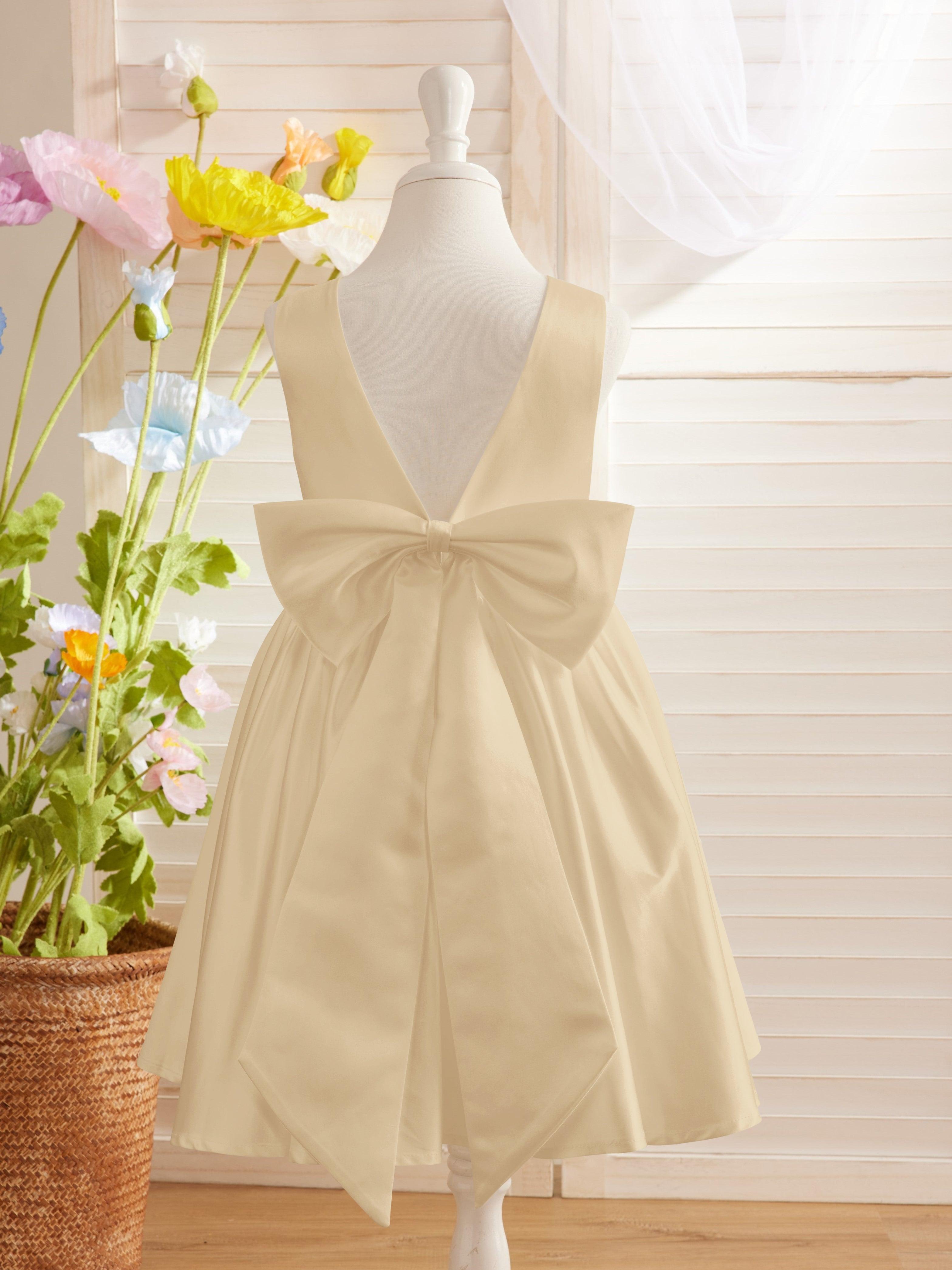 Ivory Satin Knee Length Flower Girl Dress Princess A Line Bow