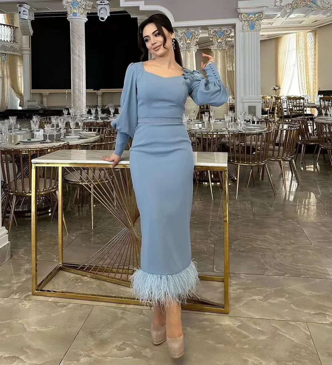 فستان سهرة بحري برقبة مربعة عصري للموضة للمناسبات الخاصة Y4855