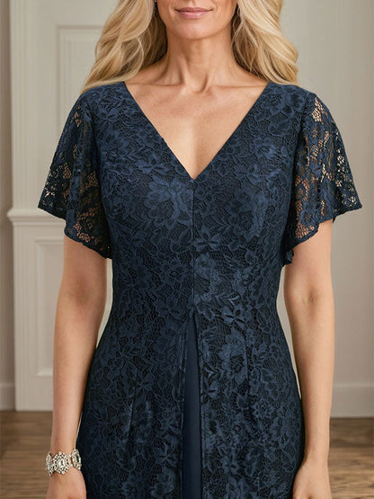 A-Linie V-Ausschnitt Wadenlanges Chiffon-Kleid für die Brautmutter 