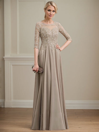 A-Linie, U-Ausschnitt, Illusion, bodenlanges Spitzen-Chiffon-Kleid für die Brautmutter mit Pailletten 