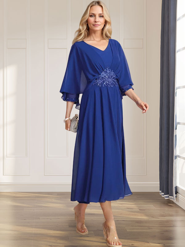 A-line V-Neck Tea-Length Chiffon Mother of the Bride Dress With Pleate – YOYOCAMP