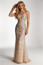 Champagne Beaded Mermaid Evening Gown - Strapless Sequin Formal Dress by tangjianjun