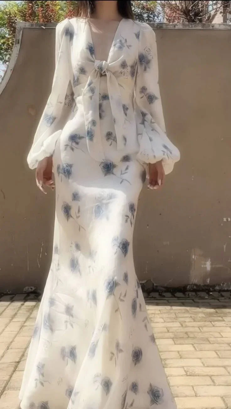 فستان سهرة طويل بحورية البحر بطبعة ورود أنيقة باللون الأزرق الثلجي Y8407