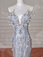 Abito da sera lungo da sirena con perline 3D e paillettes argento di lusso, abito lungo da ballo con fiocco Y8640