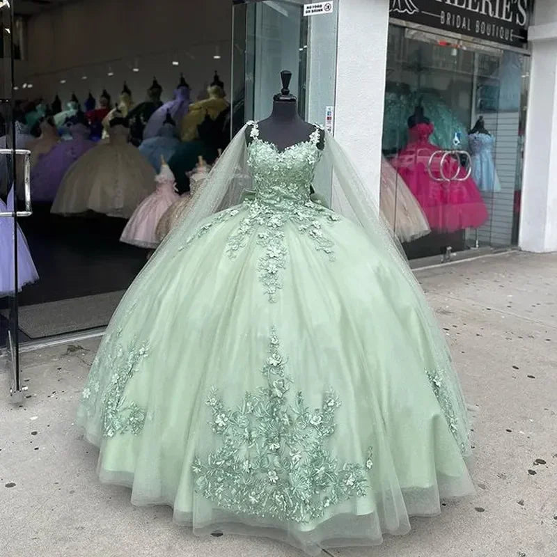 Abiti verde menta per Quinceañera con fiori tridimensionali, abito a palloncino per concorso e festa, vestito dolce 15 anni Y4481