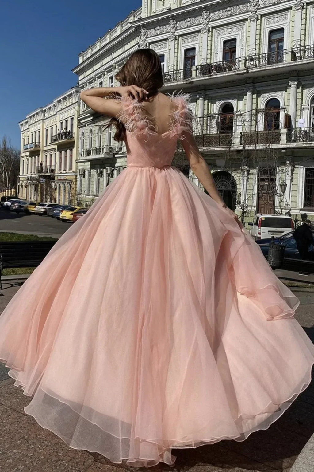 Elegante abito lungo da sera rosa in tulle con scollo a V e spacco alto, abito formale rosa in tulle per laurea Y1296