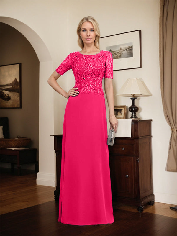 Robe de mère de la mariée en dentelle et mousseline, longueur au sol, en ligne A, décolleté en U, ornée de paillettes
