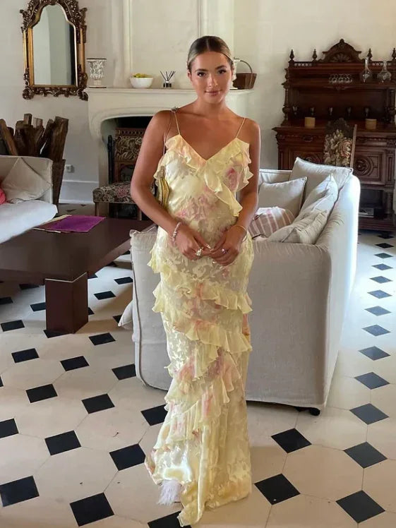 Vestido de Festa Romântico com Alças Finas, Decote em V, Estampado em Chiffon, Vestido de Noite Encantador Y2306