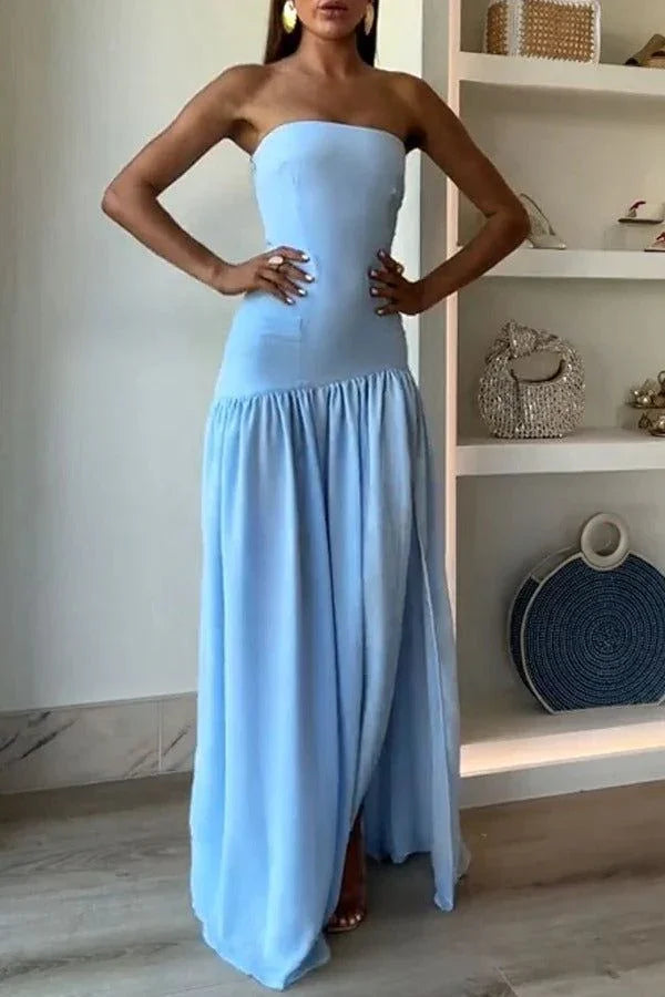Elegante abito da sera blu senza spalline, plissettato con spacco, abito formale per ballo Y7772
