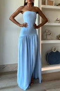 Elegante abito da sera blu senza spalline, plissettato con spacco, abito formale per ballo Y7772