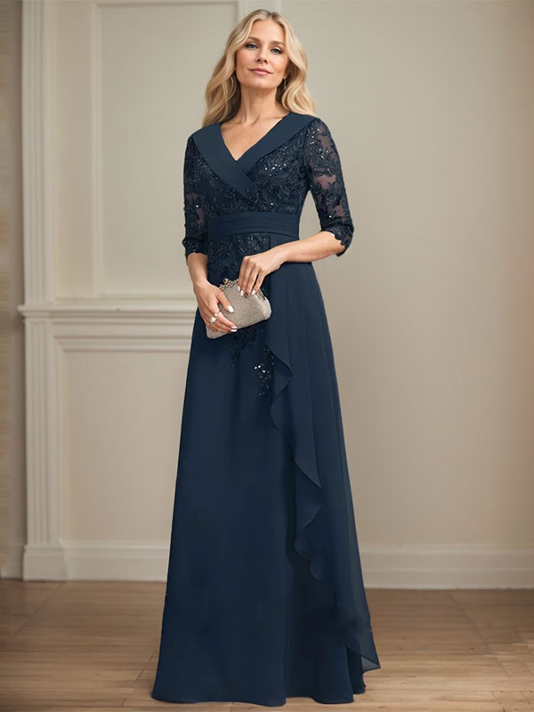 Abito da madre della sposa in chiffon di pizzo a linea ad A, con collo, scollo a V, lunghezza fino al pavimento, paillettes e balze a cascata