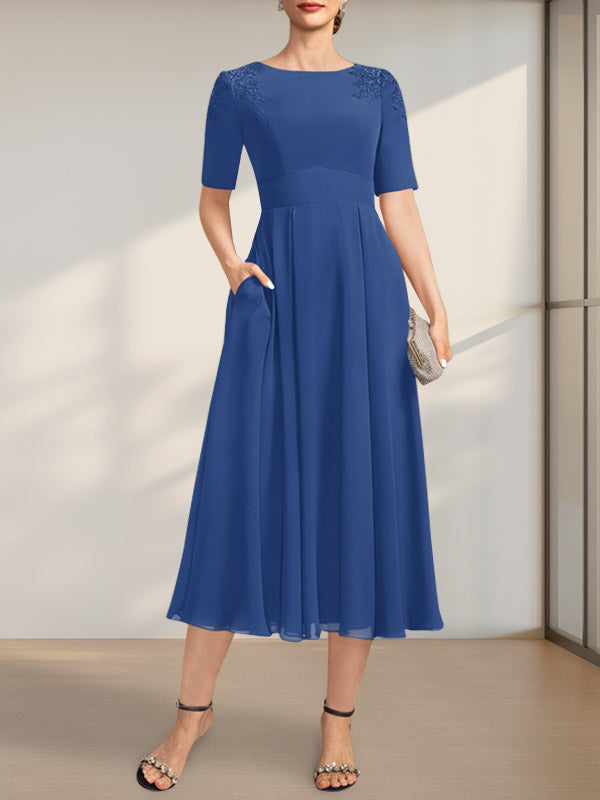 A-Linie U-Ausschnitt Wadenlang Chiffon Kleid für die Brautmutter mit Applikationen Spitze Pailletten