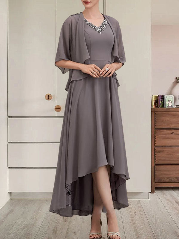 Vestido de gasa asimétrico para madre de la novia con escote en V, corte A y lentejuelas con abalorios
