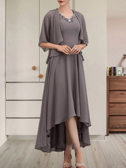 Vestido de gasa asimétrico para madre de la novia con escote en V, corte A y lentejuelas con abalorios
