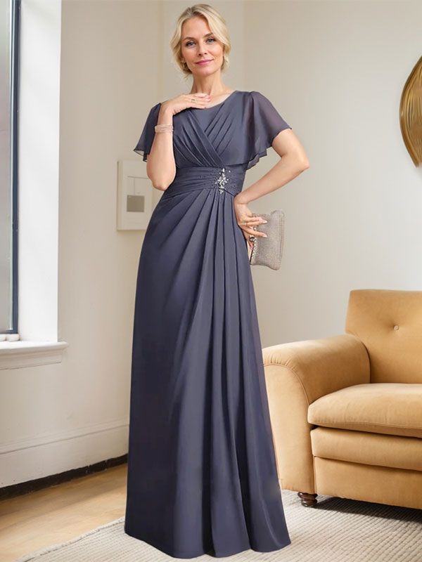 Robe de mère de la mariée en mousseline, longueur au sol, en ligne A, décolleté arrondi, ornée de perles plissées
