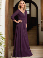 Robe de mère de la mariée en mousseline, longueur au sol, en ligne A, col en V, ornée de perles plissées