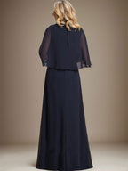 A-line V-Neck Floor-Length Chiffon Mother of the Bride Dress With Cascading Ruffles Crystal Brooch