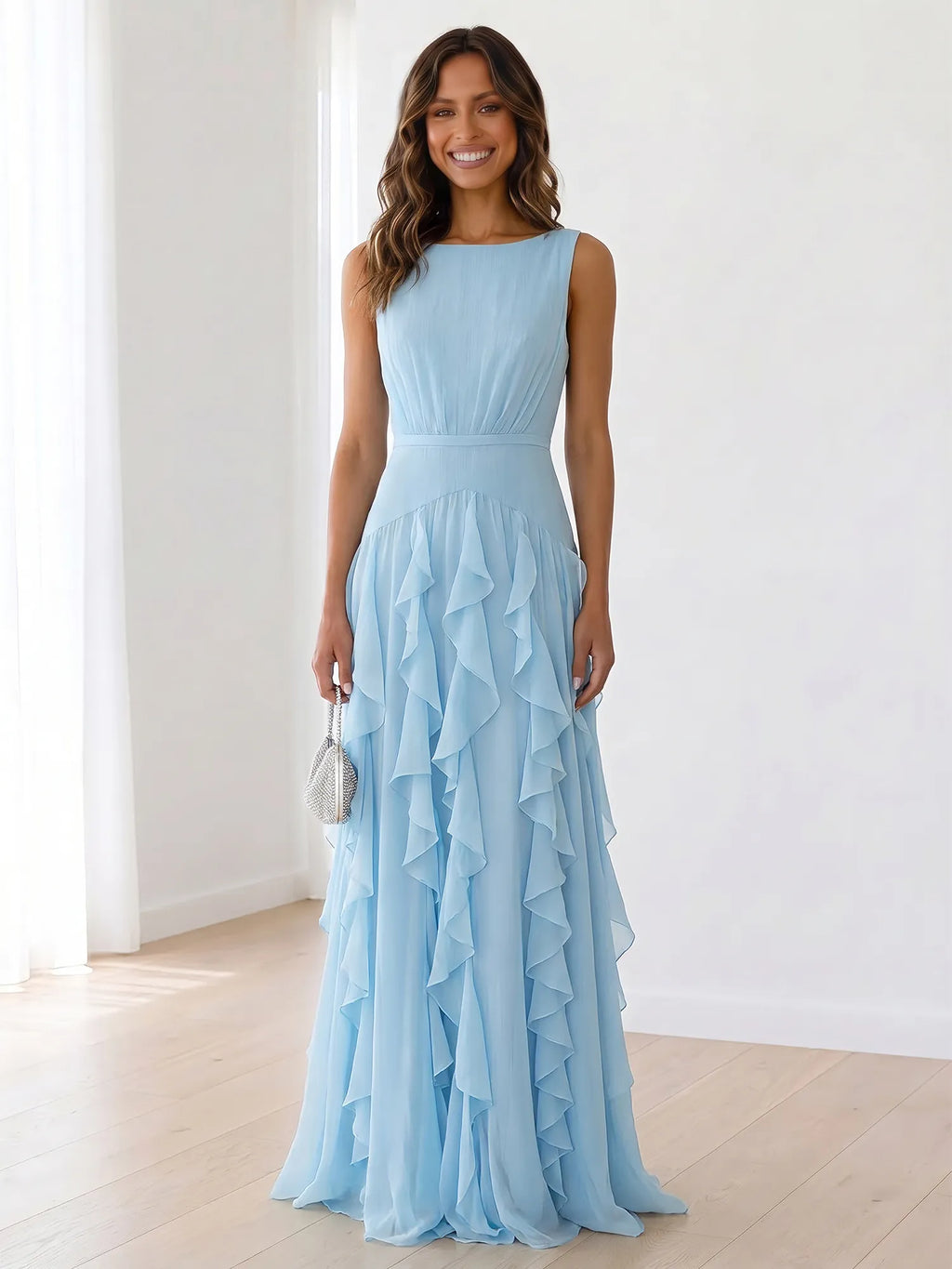 Sleeveless Tiered Chiffon Maxi Evening Gown with Ruched Bodice - view 1