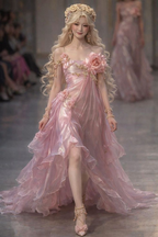 Classy Spaghetti Straps Pink Chiffon Prom Dress Evening Dress With 3D Flowers Y8336