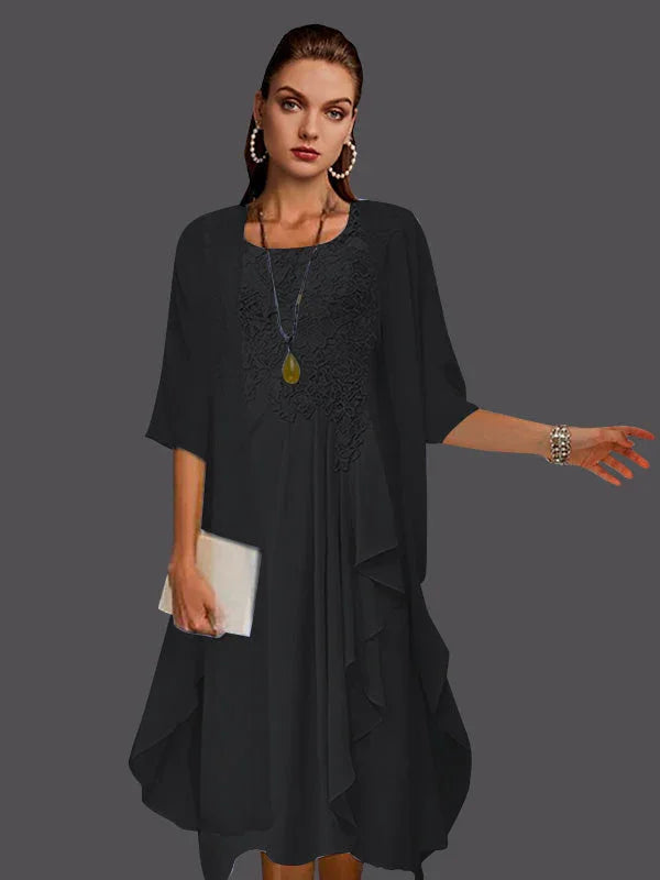 Vestidos de dos piezas con chaqueta sin mangas de encaje de gasa en línea A con pliegues y apliques