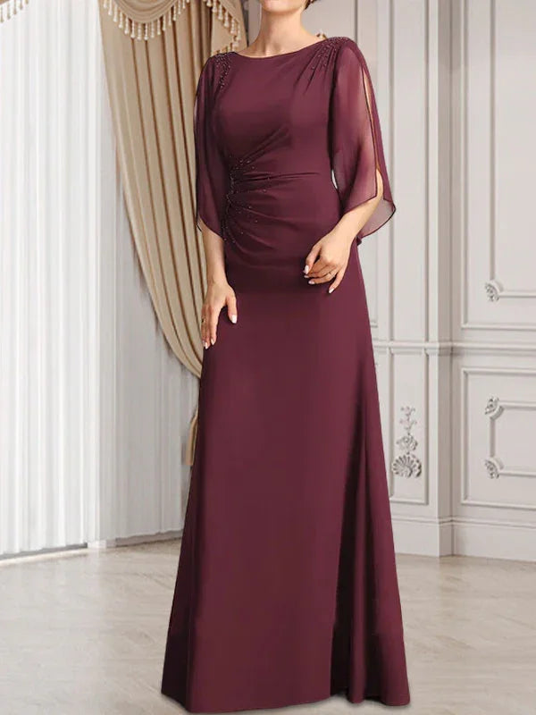Etui/Säulenförmiges Bodenlanges Chiffonkleid für die Brautmutter mit Falten und Perlenstickerei