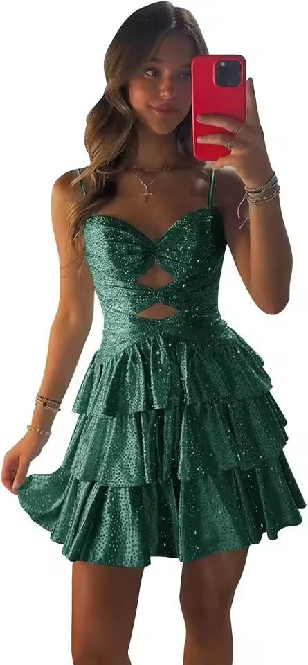 Vestido Curto Brilhante Sem Alças com Recortes | Vestido de Volantes em Camadas para Baile de Regresso a Casa