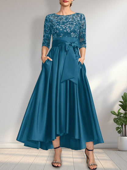 A-Linie U-Ausschnitt Illusion Asymmetrisch Satin Spitze Mutter der Braut Kleid mit Schleife