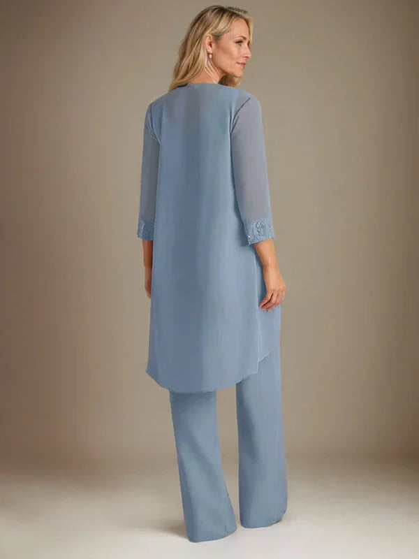 بدلة بنطلون الأم العروس بأكمام طويلة من الشيفون وياقة دائرية مع سترة