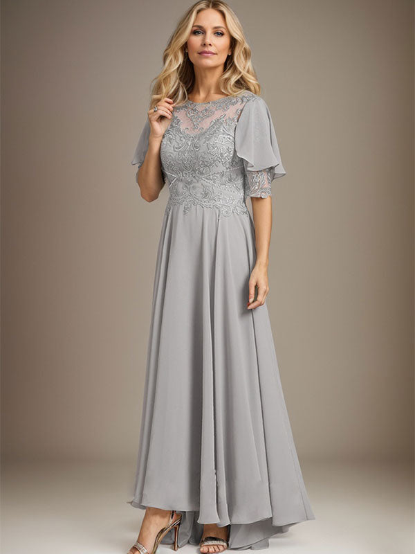 Robe de mère de la mariée en mousseline et dentelle asymétrique à encolure dégagée en ligne A avec perles