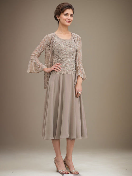 Abito da madre della sposa in chiffon di pizzo a linea ad A, lunghezza tè, con scollatura a U e paillettes