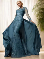 Abito da sera elegante bianco con applicazioni in pizzo di tulle, maniche lunghe, linea a trapezio, modello Y8514