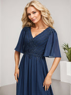 Robe de mère de la mariée en mousseline de soie à dentelle, longueur au sol, en ligne A, col en V, ornée de paillettes