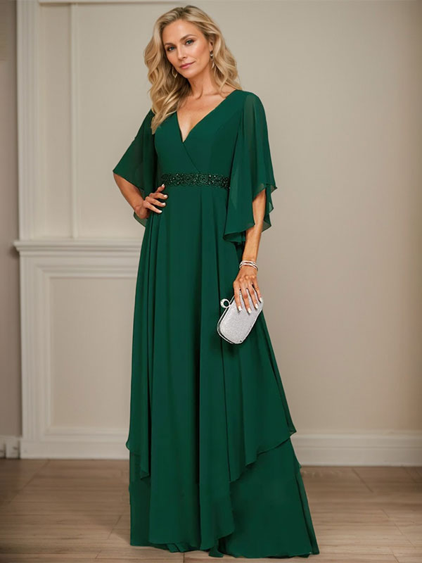 A-Linie V-Ausschnitt Bodenlang Chiffon Kleid für die Brautmutter mit Pailletten Applikationen Spitze Perlen 