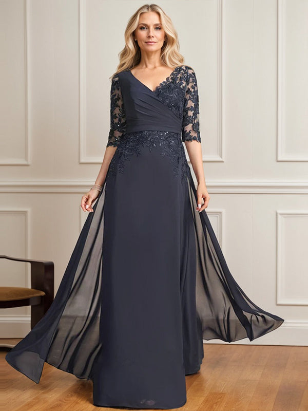 A-Linie, V-Ausschnitt, bodenlanges Spitzen-Chiffon-Kleid für die Brautmutter mit plissierten Pailletten 