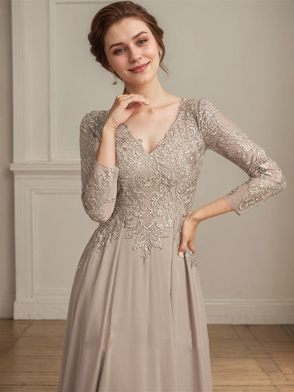 Robe de mère de la mariée en mousseline de soie à dentelle, longueur au sol, en ligne A, col en V, ornée de paillettes