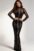 Black Sequin Mermaid Evening Gown | High-Neck Sheer Long Sleeve Formal DressY6821