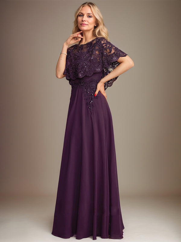 Abito da madre della sposa in chiffon di pizzo con scollo a barca, linea a trapezio, lunghezza fino al pavimento, con applicazioni di paillettes