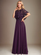 Abito da madre della sposa in chiffon di pizzo con scollo a barca, linea a trapezio, lunghezza fino al pavimento, con applicazioni di paillettes