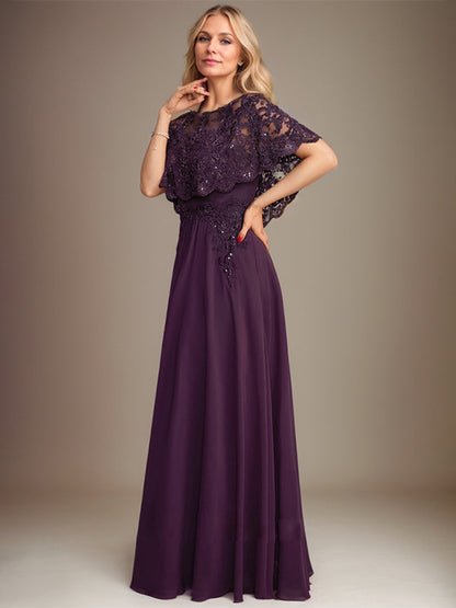 Vestido de madre de la novia de gasa con encaje, escote barco, largo hasta el suelo, con apliques de lentejuelas 